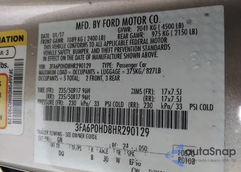 2017 Ford Fusion Se из США, поврежденный, VIN 3FA6P0HD8HR290129